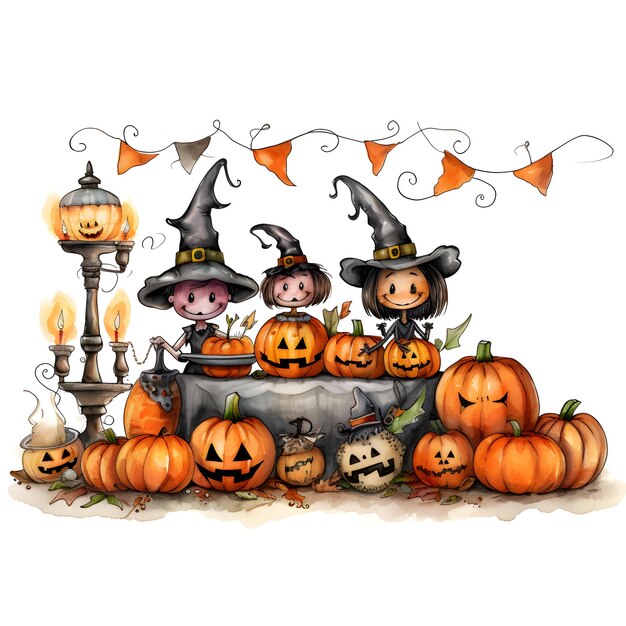Dibujos animados de una fiesta de Halloween divertida y caprichosa Clipart de la divertida fiesta de Halloween sobre un fondo blanco