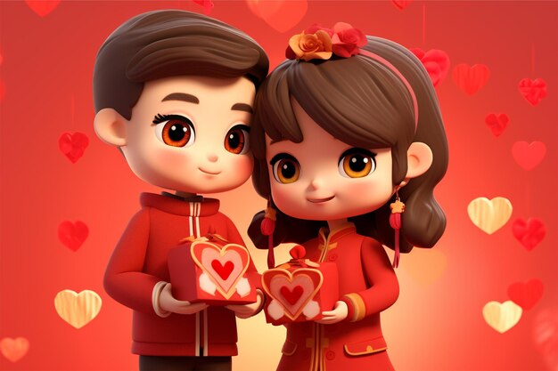 dibujos animados hermosa pareja china sosteniendo