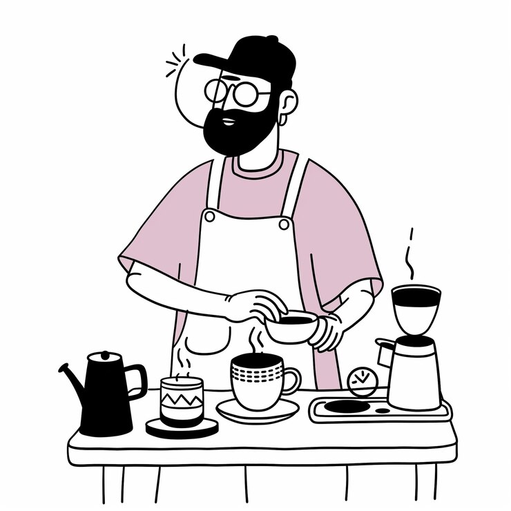 dibujos animados de un hombre con un delantal haciendo una taza de café generativo ai