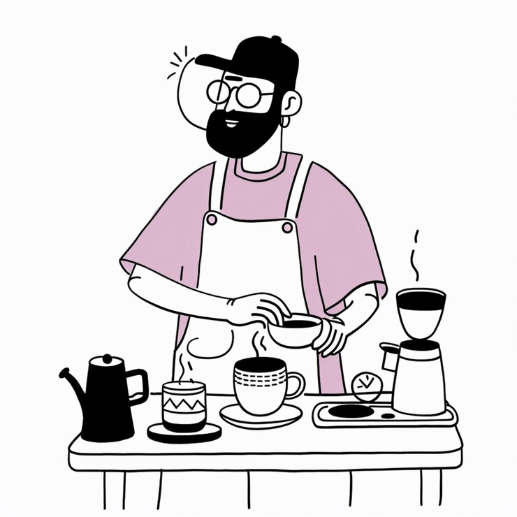 dibujos animados de un hombre con un delantal preparando comida en una mesa generativo ai