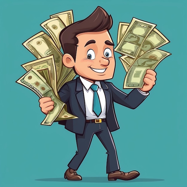dibujos animados Hombre de negocios llevando los dólares de oro y dinero