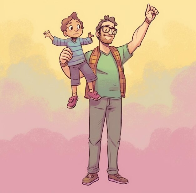 Foto dibujos animados de un hombre sosteniendo a un niño en el aire generativo ai