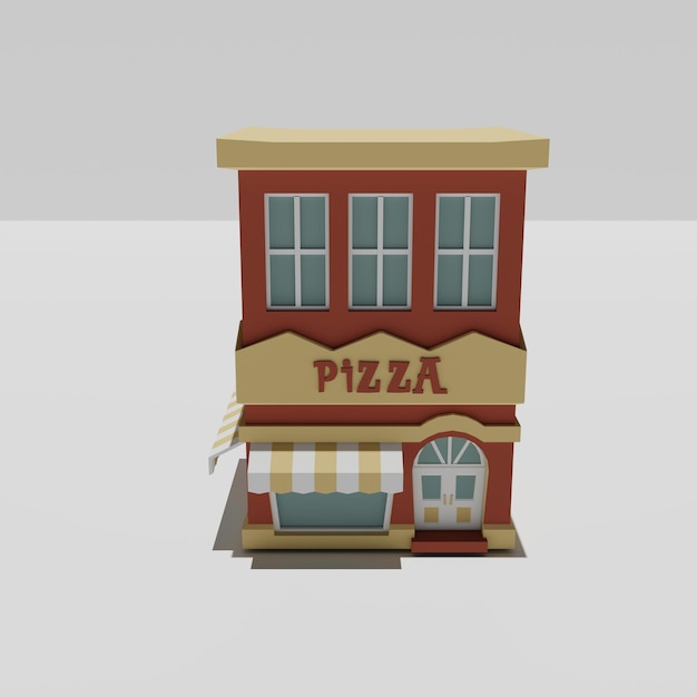 Dibujos animados de ilustración 3d isométrica de una pizzería con la palabra pizza en el frente