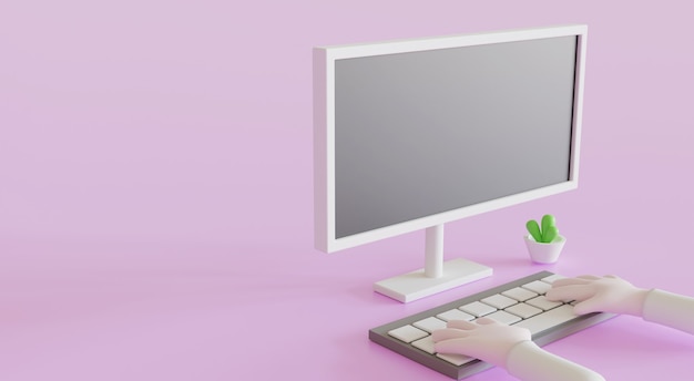 Dibujos animados de ilustración 3D que usan una computadora para trabajar desde casa o para aprender educación en línea mientras se pone en cuarentena por el brote de virus covid-19.