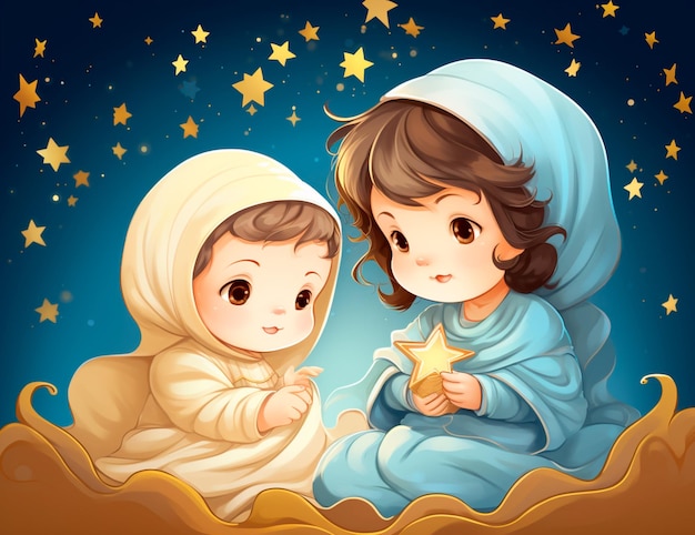 Foto dibujos animados de jesús con un niño estrella de color marrón claro y azul claro