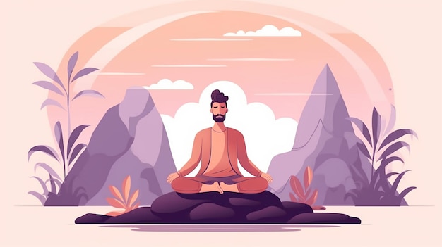 Dibujos animados joven practicando meditación plana AI generativa
