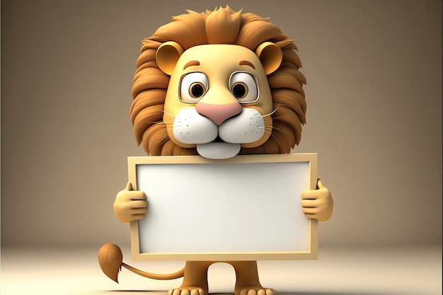 Dibujos animados de león lindo 3D con cartel en blanco Fondo animal 3D Adecuado para pancartas signos logotipos ventas