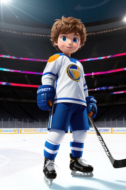 Dibujos animados lindo joven jugador de hockey en el fondo del estadio IA generativa
