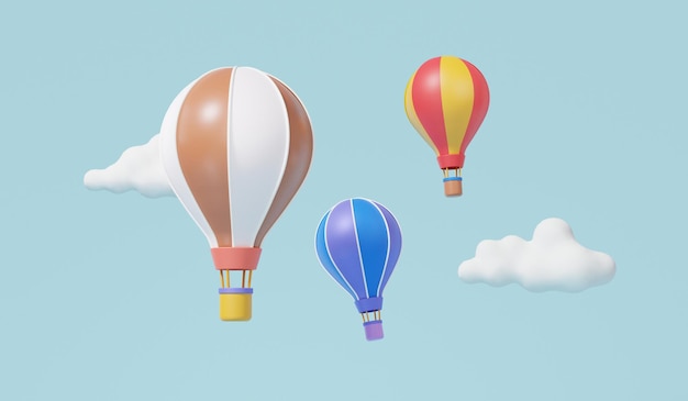 Dibujos animados mínimos tres globos aerostáticos y nubes flotando sobre fondo azul cielo Turismo ocio turismo vacaciones verano concepto lindo suave 3d render ilustración