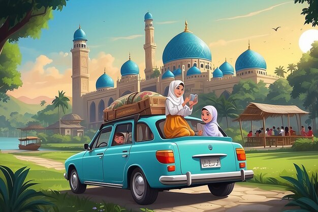Foto dibujos animados mudik viaje eid alfitr ilustración de automóviles regreso a casa