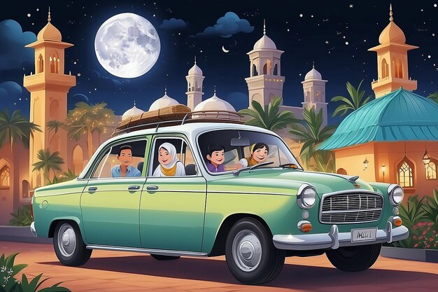 Foto dibujos animados mudik viaje eid alfitr ilustración de automóviles regreso a casa