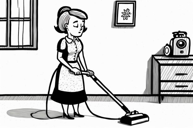 Foto dibujos animados de una mujer aspirando un piso con un aspirador generativo ai