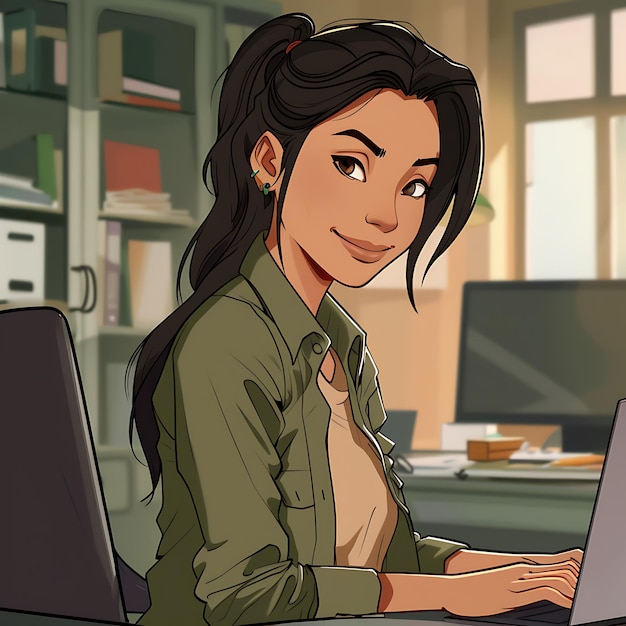 dibujos animados de una mujer sentada en un escritorio con una computadora portátil