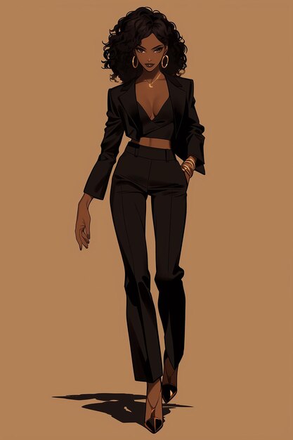 Foto dibujos animados de una mujer en un traje negro caminando por una calle generativa ai