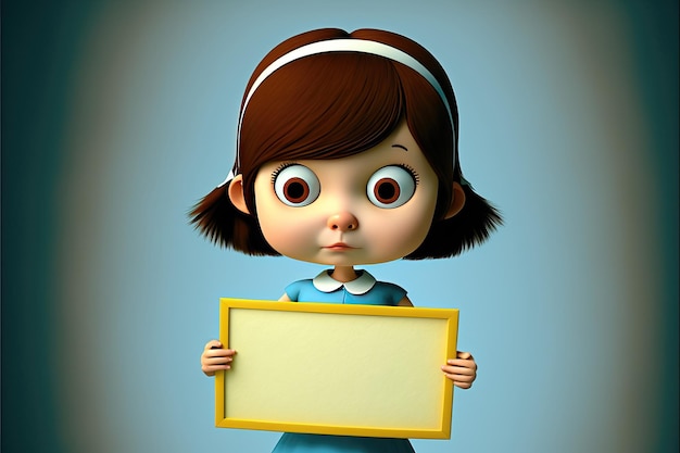 Dibujos animados de niña linda 3D con cartel en blanco Fondo de niño 3D Adecuado para pancartas signos logotipos ventas
