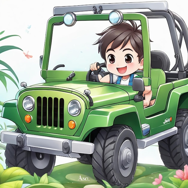 Foto dibujos animados de un niño conduciendo un jeep