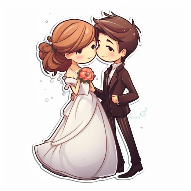 Foto dibujos animados de una novia y un novio besándose generativo ai
