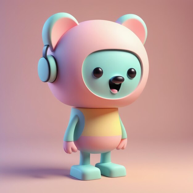 Foto dibujos animados oso rosado lindo con auriculares en fondo azul personaje gracioso 3d render 3d ilusión