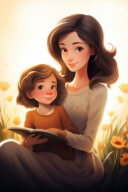 Dibujos animados de la pequeña Lily acurrucada con su madre