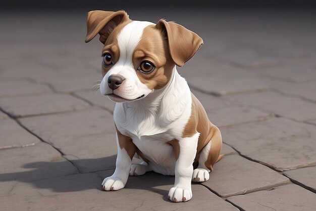 Dibujos animados de un pequeño perro marrón y blanco sentado en el suelo