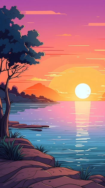 Dibujos animados pintados a mano hermosa ilustración del paisaje marino bajo la puesta de sol