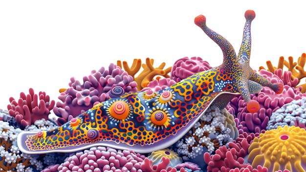 Foto dibujos animados planos en 3d caracol marino vibrante en el arrecife de coral patrones intrincados colores mostrados de cerca gr