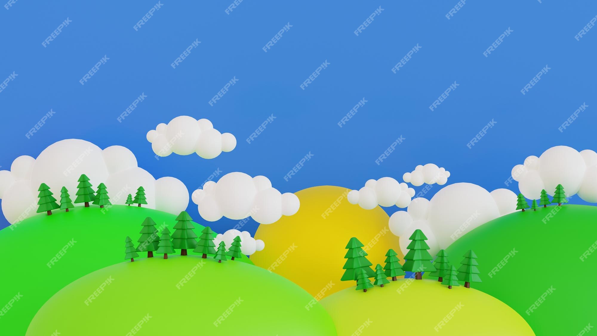 Dibujos animados primavera verano paisaje rural pradera y montaña con cielo azul y nubes 3d rendering | Foto Premium Dibujos animados primavera verano paisaje rural pradera y montaña con cielo azul y nubes 3d rendering | Foto Premium