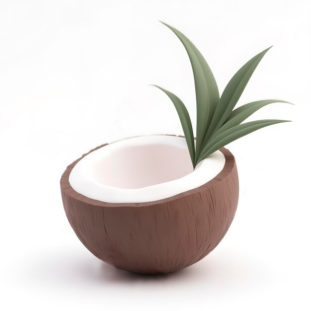 Dibujos animados realistas en 3D Render de un coco fresco con hojas aisladas en fondo blanco
