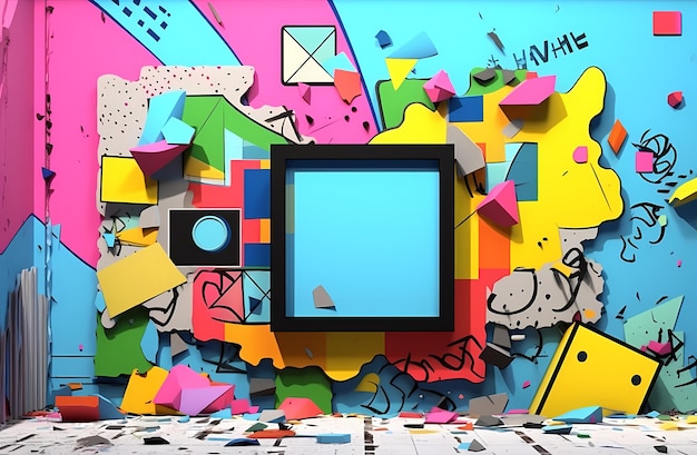 dibujos animados retro abstracto habitación pared interior de exhibición fondo 90s Y2K graffiti grunge estético