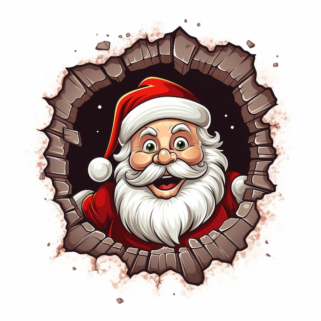 dibujos animados de Santa Claus asomando por un agujero en una pared de ladrillo generativo ai