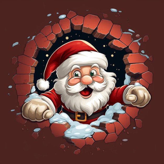 dibujos animados de Santa Claus rompiendo una pared de ladrillo con sus manos generativa ai