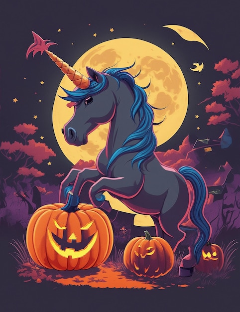 Foto dibujos animados unicornio calabaza halloween