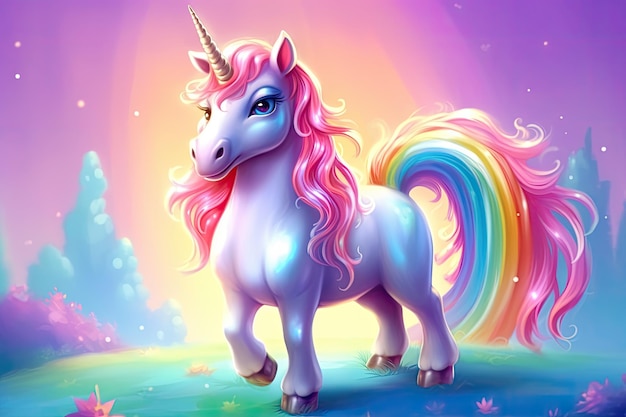 dibujos animados unicornio mágico lindo y raibow generativo ai