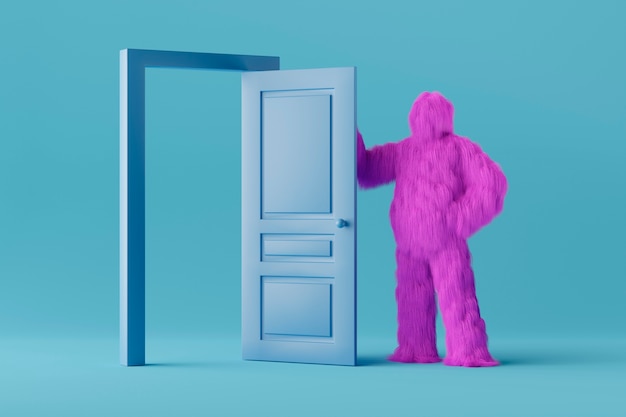 Dibujos animados de yeti púrpura con puerta azul