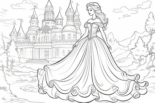 Dibujos para colorear para adultos princesa ir al castillo en escala de grises