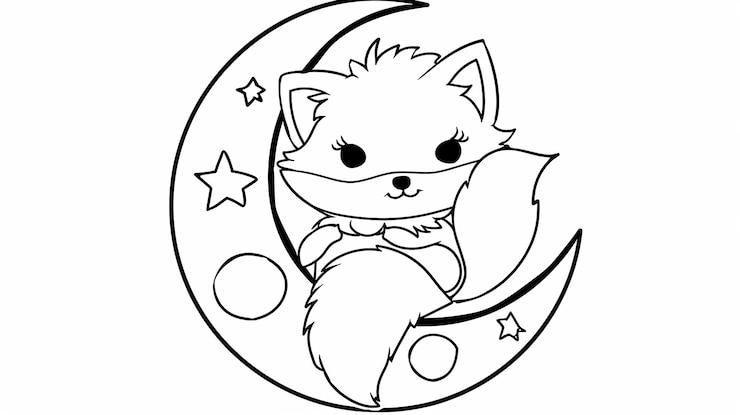 Foto dibujos para colorear de dibujos animados lindo zorro en la luna para niños