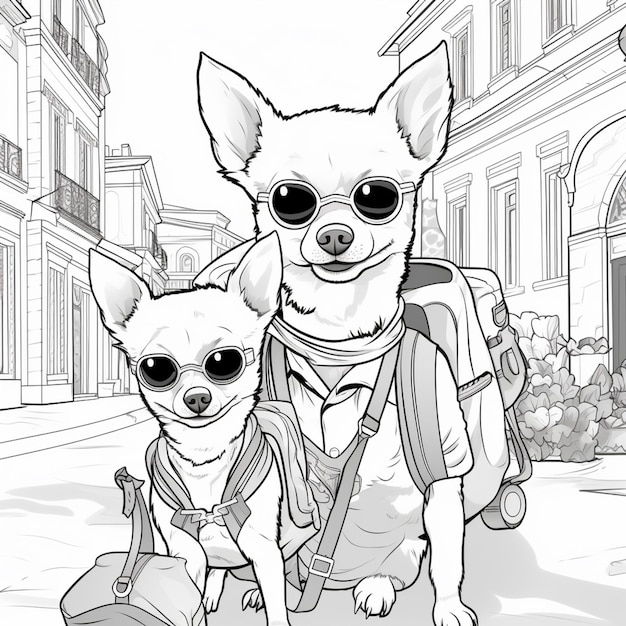 dibujos para colorear de dos perros con gafas de sol y mochilas caminando por la calle ai generativo