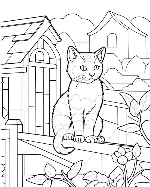 Dibujos para colorear de un gato sentado en una valla en un jardín ai generativo