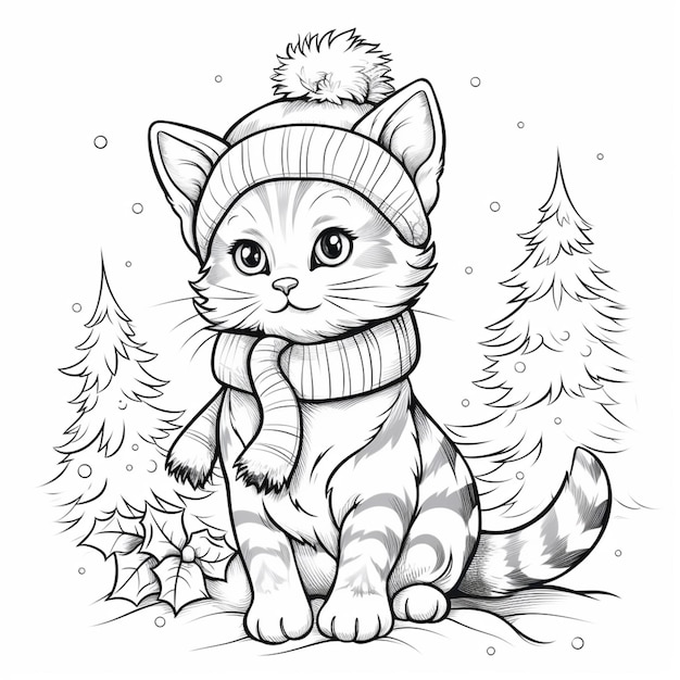 Dibujos para colorear de gatos con gorros y bufandas ai generativo.