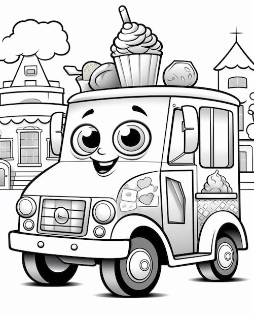 Dibujos para colorear para niños para imprimir camión de helados con cupcakes generativo ai