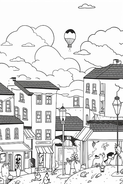 dibujos para colorear de un pueblo con un globo aerostático volando sobre él ai generativo