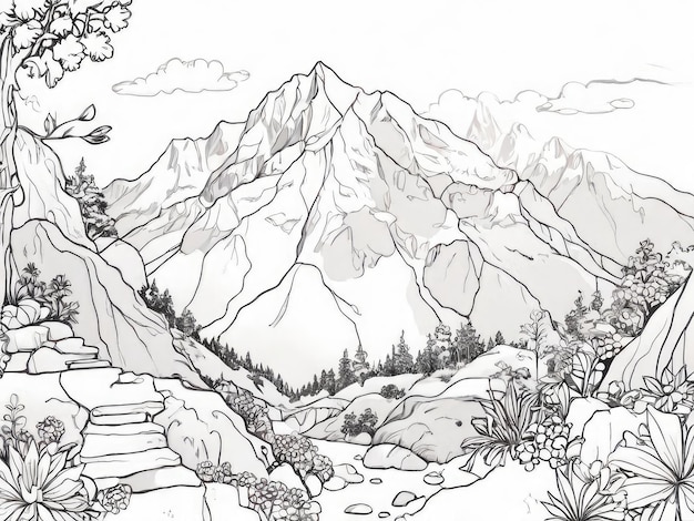 dibujos de contorno de una montaña en blanco y negro