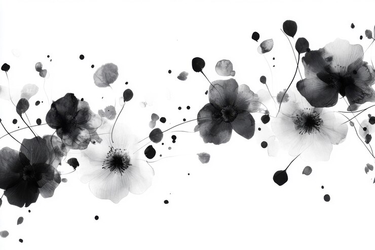 Dibujos dinámicos de flores con tinta en estilo monocromático