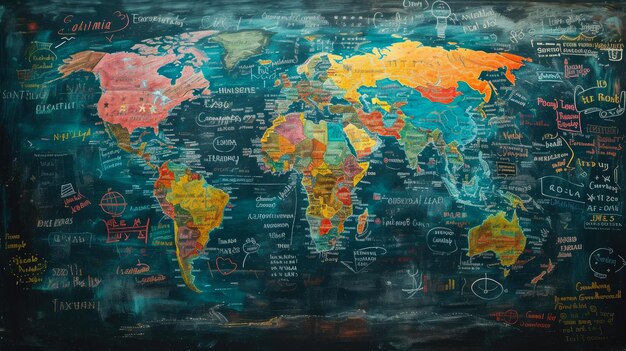 Foto dibujos del globo geográfico en la pizarra