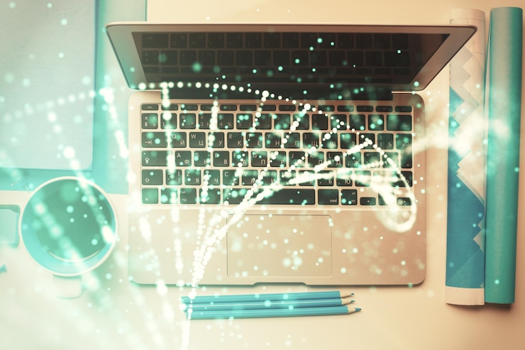 Foto dibujos de hologramas de adn sobre computadora en el fondo del escritorio vista superior concepto de exposición múltiple educación médica