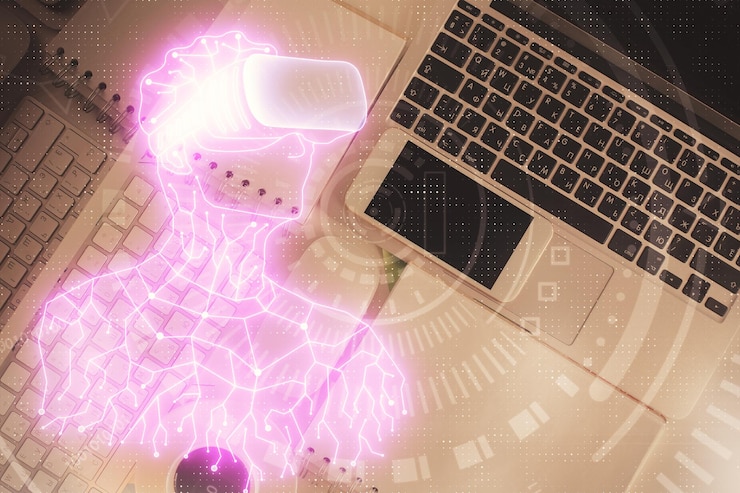 Foto dibujos de hologramas ar sobre la computadora en el fondo del escritorio vista superior concepto de exposición múltiple de realidad aumentada