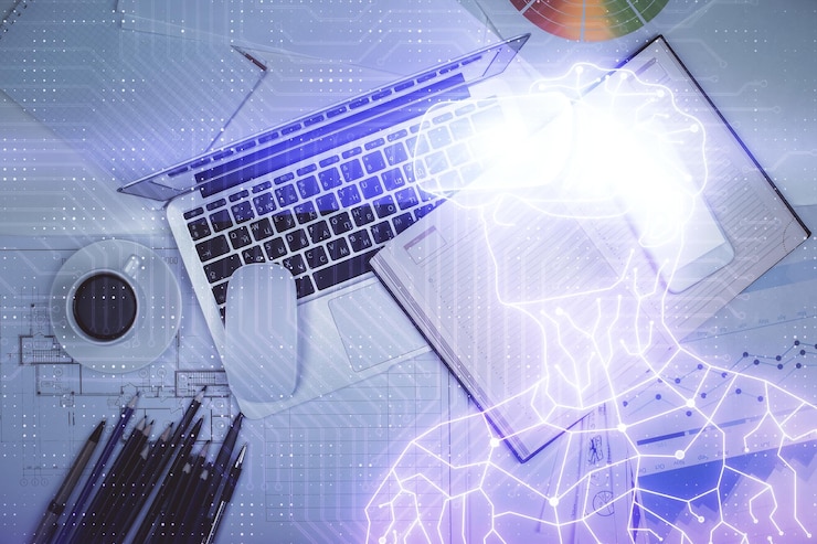 Foto dibujos de hologramas ar sobre la computadora en el fondo del escritorio vista superior concepto de exposición múltiple de realidad aumentada