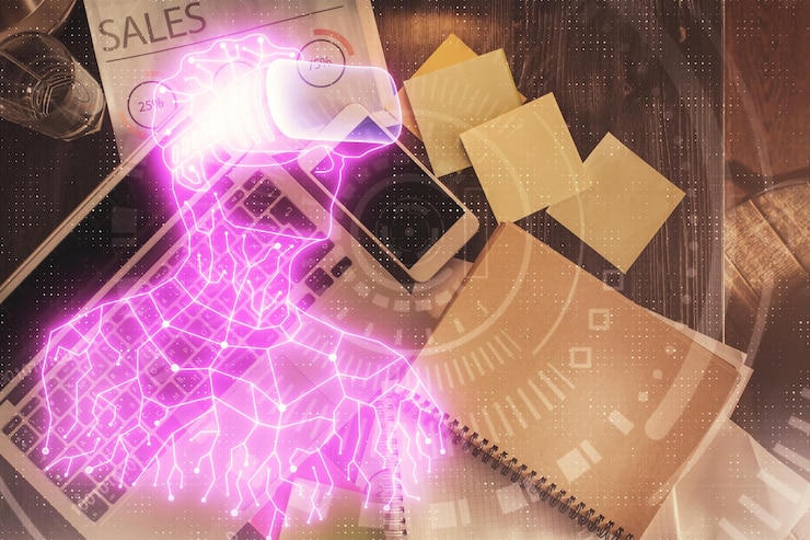 Foto dibujos de hologramas ar sobre la computadora en el fondo del escritorio vista superior concepto de exposición múltiple de realidad aumentada
