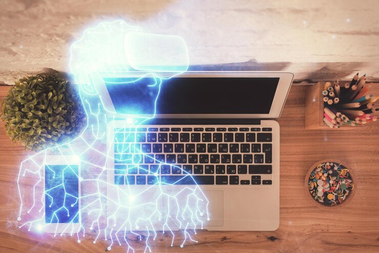 Foto dibujos de hologramas ar sobre la computadora en el fondo del escritorio vista superior concepto de exposición múltiple de realidad aumentada