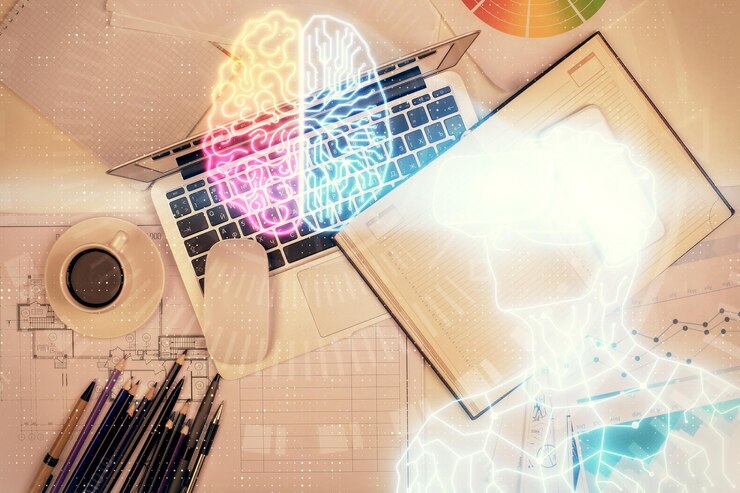 Foto dibujos de hologramas ar sobre la computadora en el fondo del escritorio vista superior concepto de exposición múltiple de realidad aumentada